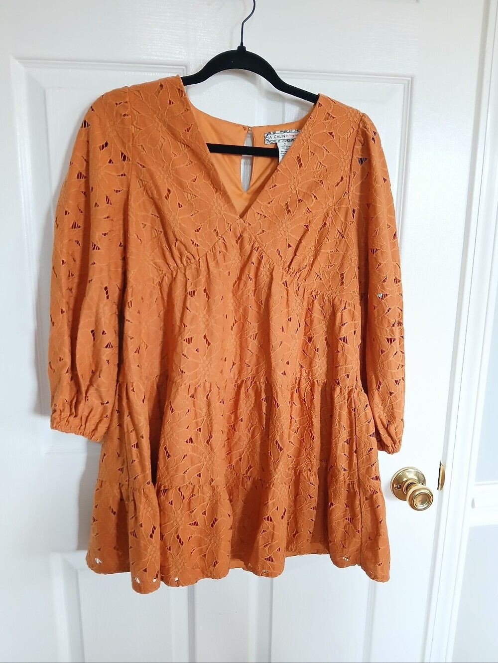 Flying Tomato Orange Lace V-Neck Tiered Long Sleeve Dress Boho Western Country